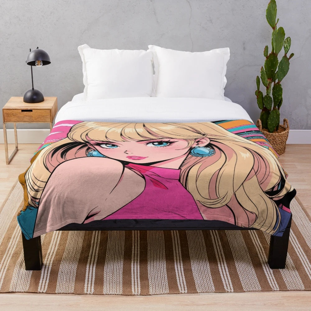 Cozy plush blanket featuring an adorable anime girl at the cinema
