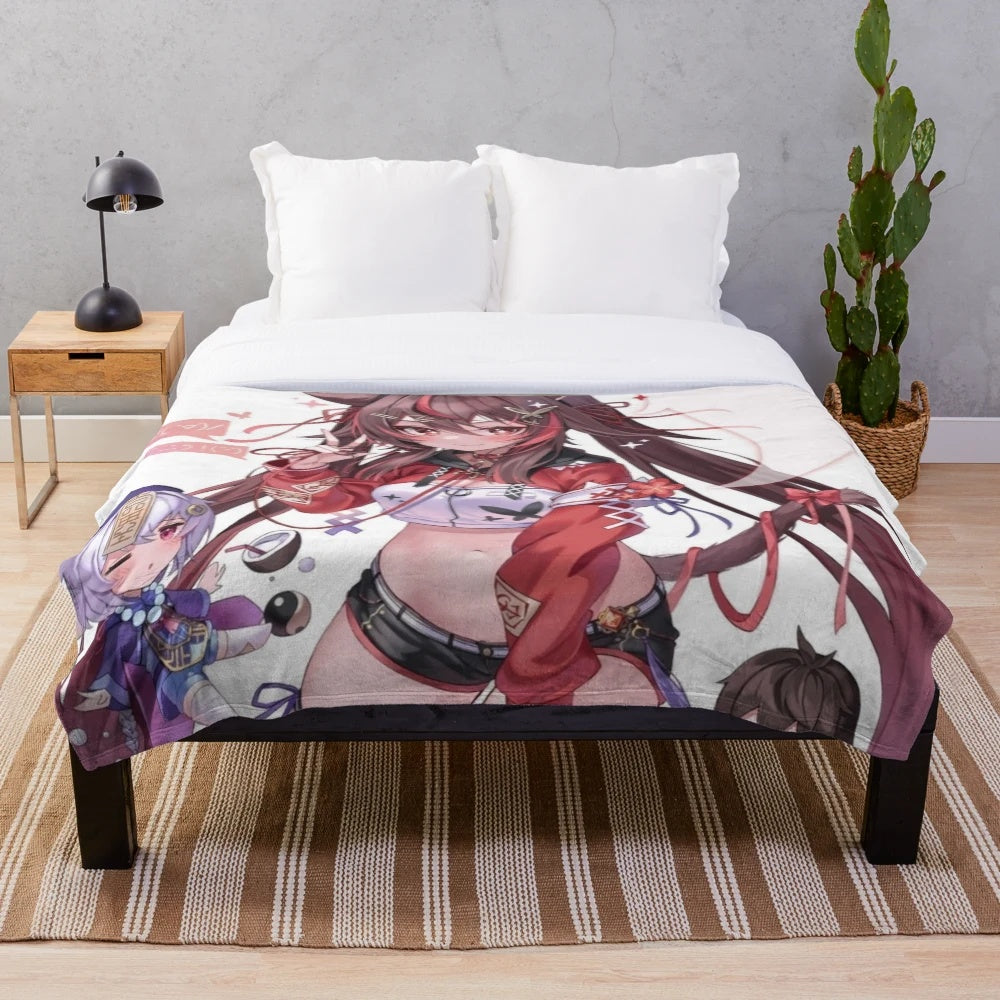Soft and cozy plush blanket featuring the cute anime character Hu Tao from Genshin Impact