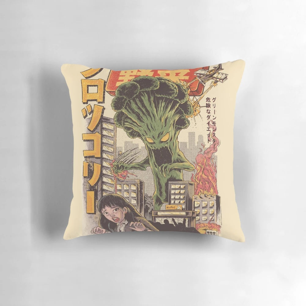 Brightly colored "Broccozilla" pillow featuring a whimsical anime-style broccoli monster