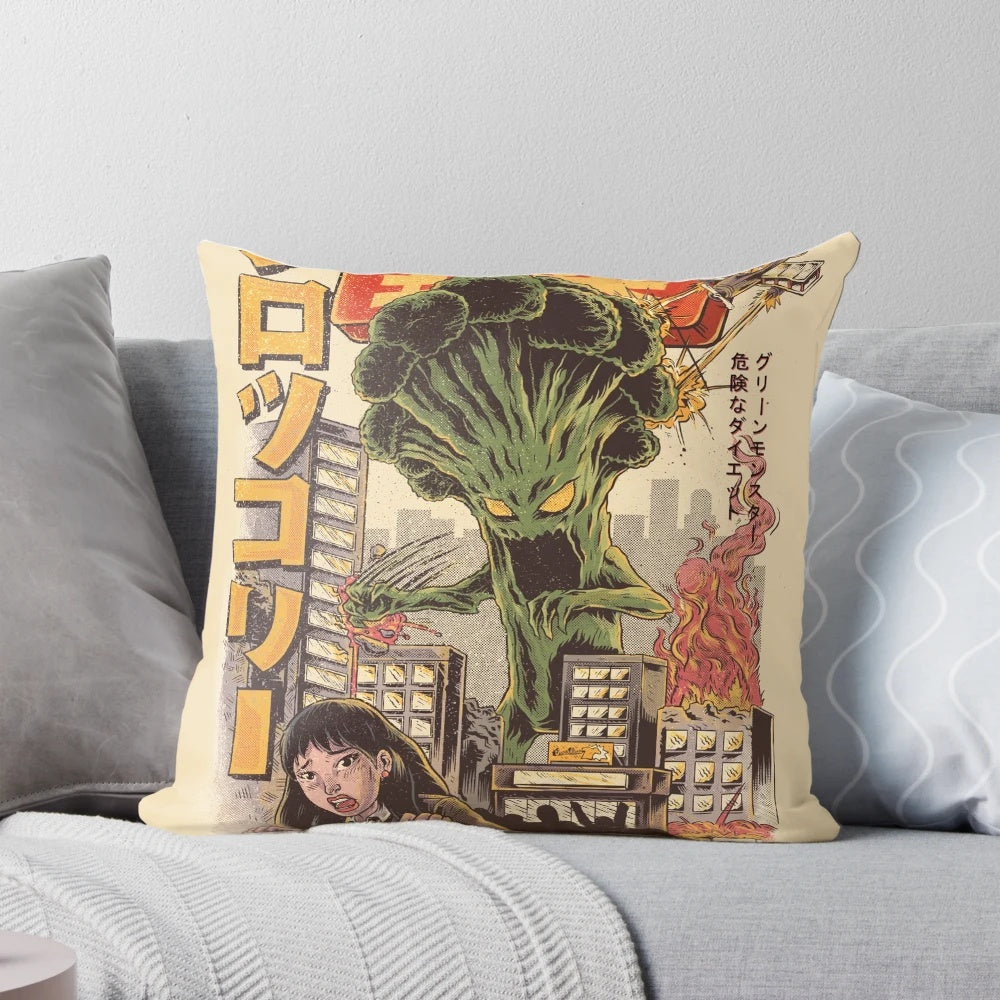 Brightly colored "Broccozilla" pillow featuring a whimsical anime-style broccoli monster
