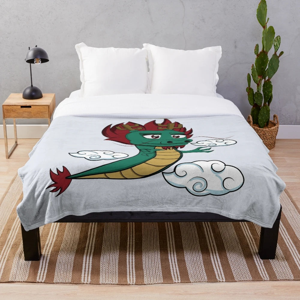 Anime-inspired chibi dragon plush blanket with red hair and kawaii design