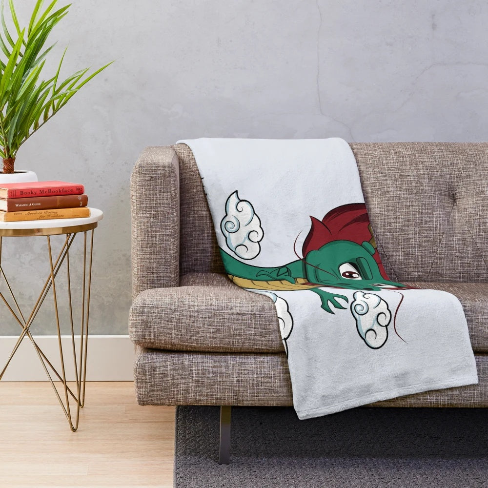 Anime-inspired chibi dragon plush blanket with red hair and kawaii design