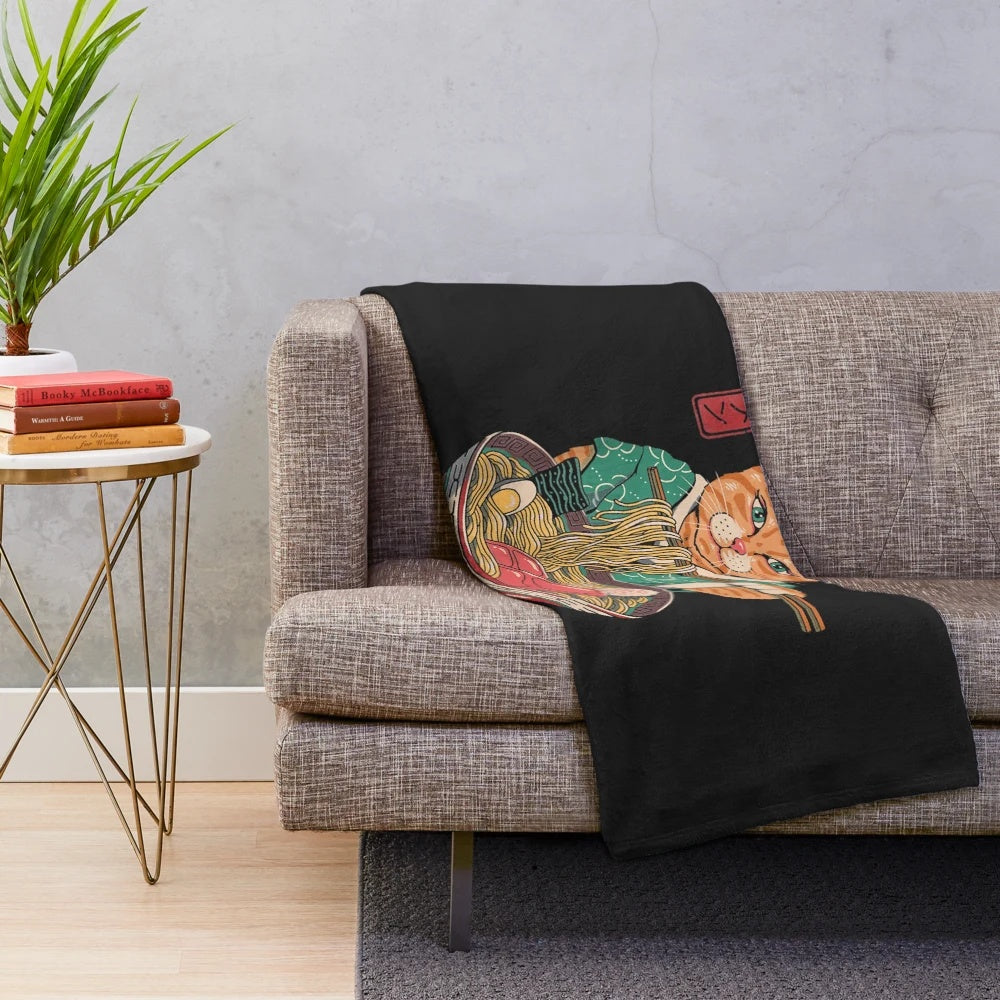 Soft and cozy plush blanket with a kawaii anime-style ramen noodle cat design