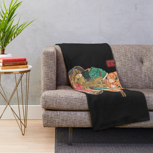 Soft and cozy plush blanket with a kawaii anime-style ramen noodle cat design