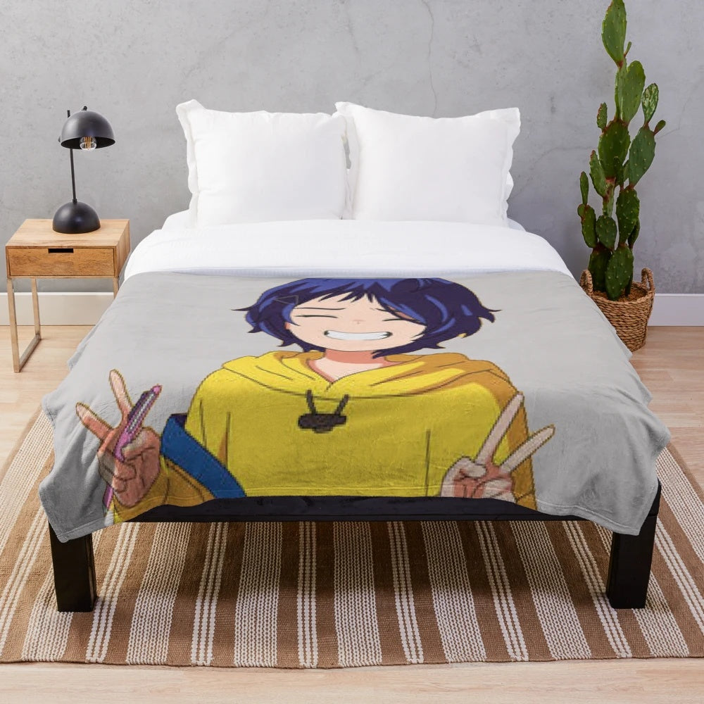 Soft and cuddly plush blanket featuring the characters from the anime series Wonder Egg Priority