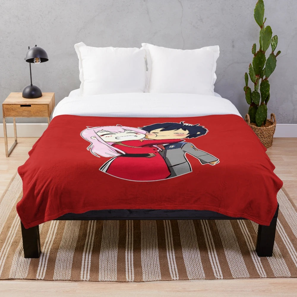 Adorable anime-inspired plush blanket featuring Zero Two and Hero chibi characters
