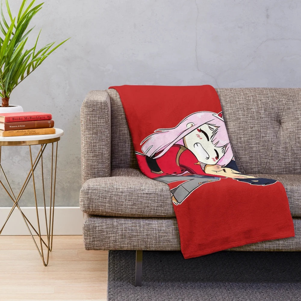 Adorable anime-inspired plush blanket featuring Zero Two and Hero chibi characters