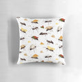 Decorative pillow featuring cute illustration of ants carrying various snacks