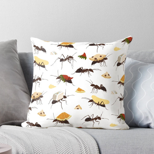 Decorative pillow featuring cute illustration of ants carrying various snacks