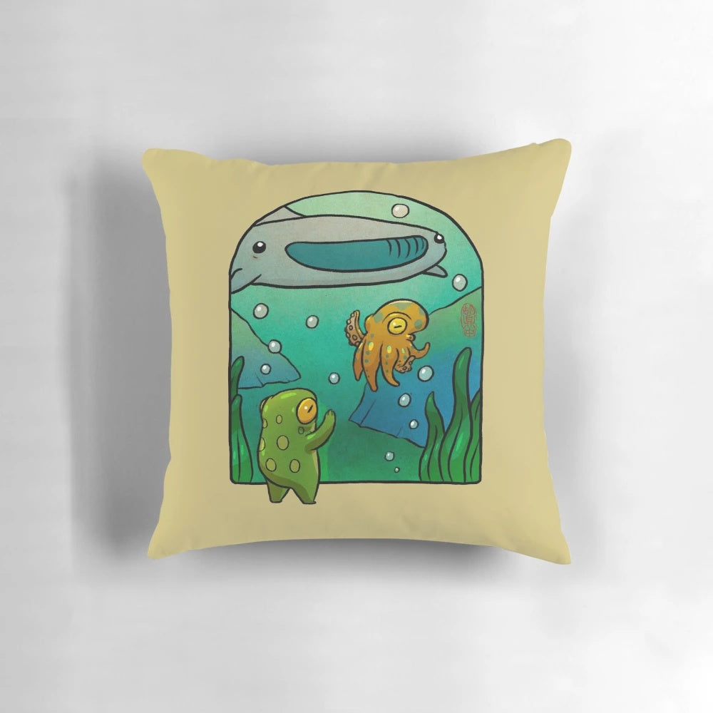 Whimsical illustration of a frog, octopus, and whale shark in an aquarium setting, in a vibrant Asian-inspired style.