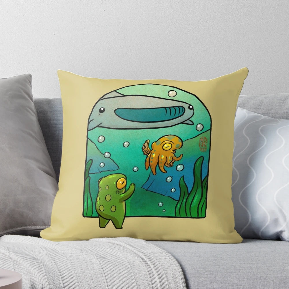Whimsical illustration of a frog, octopus, and whale shark in an aquarium setting, in a vibrant Asian-inspired style.