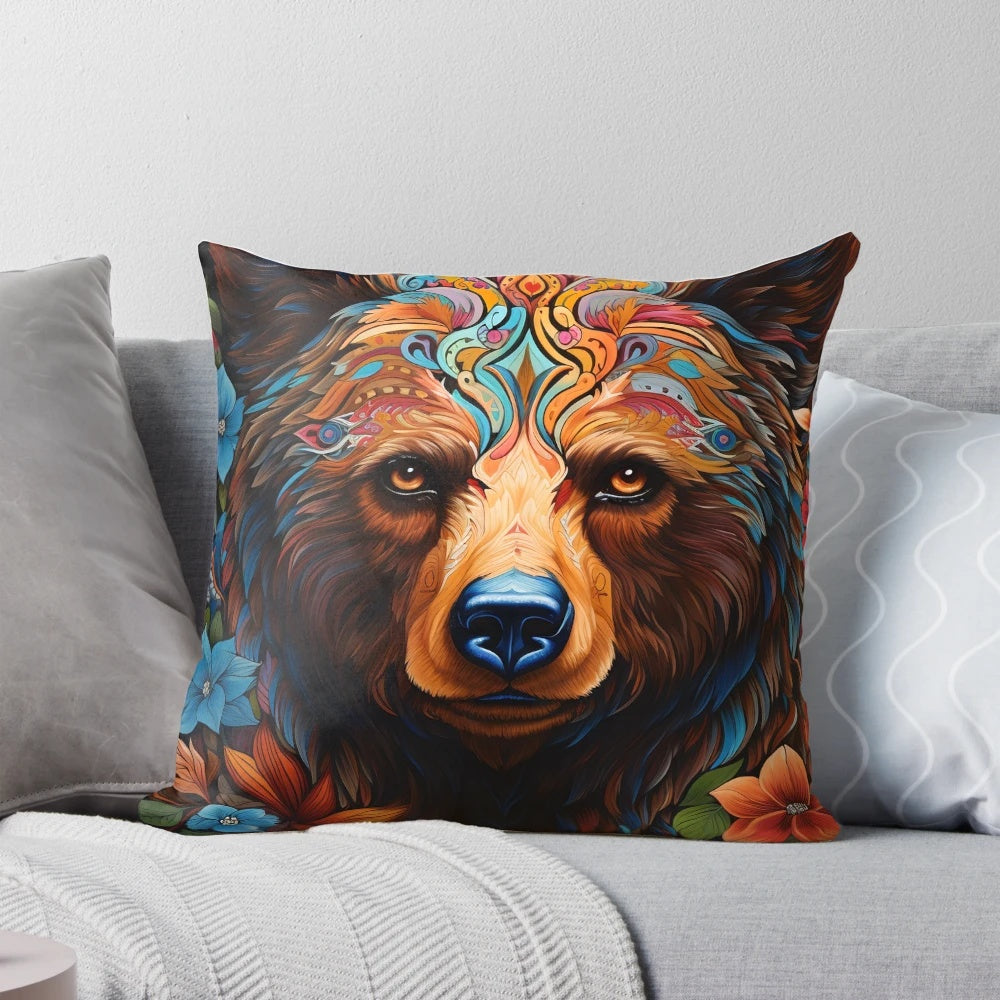 A beautifully designed throw pillow featuring a cute and creative artistic bear illustration.