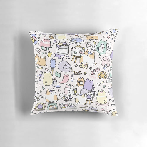 Decorative throw pillow featuring a whimsical, artistic design of cute cats