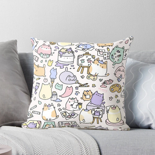 Decorative throw pillow featuring a whimsical, artistic design of cute cats