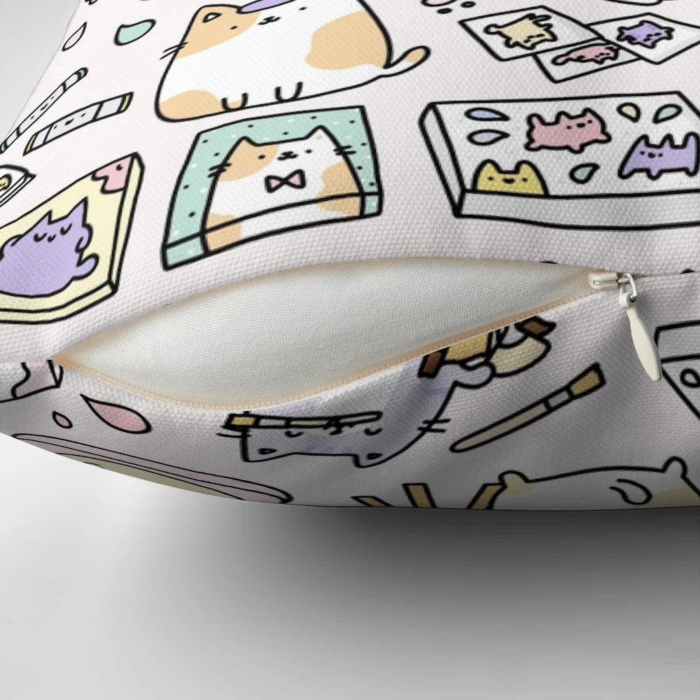 Decorative throw pillow featuring a whimsical, artistic design of cute cats