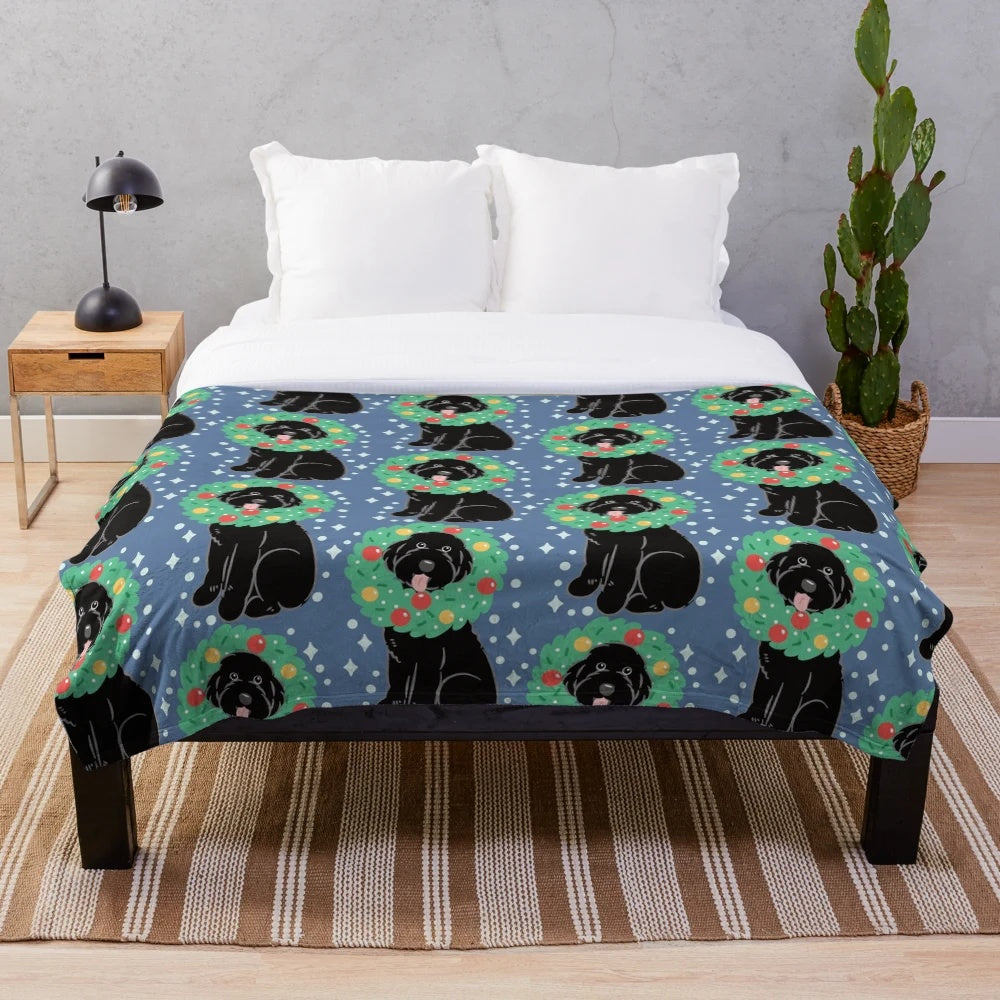 Cozy black Aussiedoodle dog plush blanket with cute Christmas design