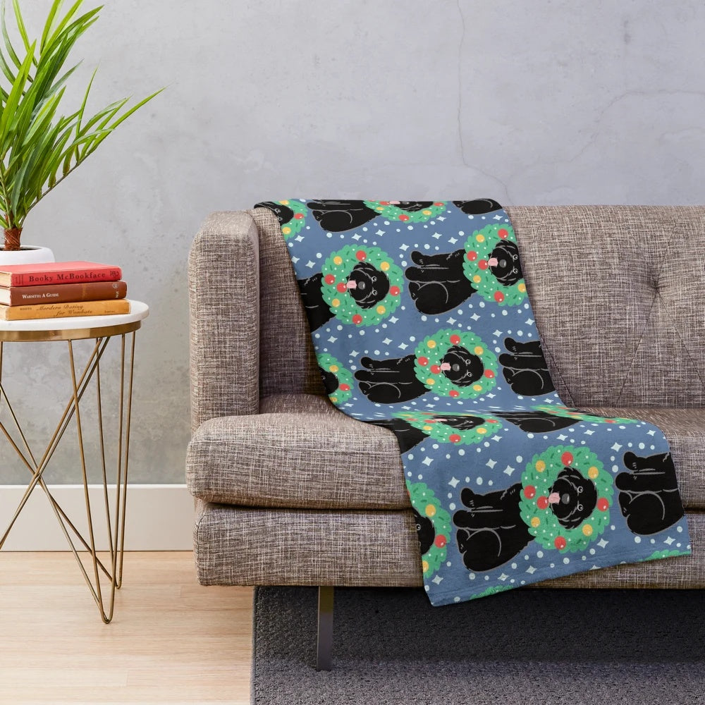 Cozy black Aussiedoodle dog plush blanket with cute Christmas design