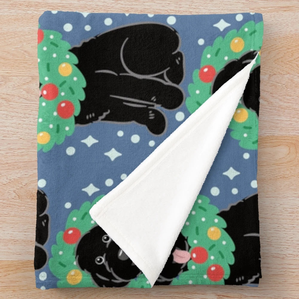 Cozy black Aussiedoodle dog plush blanket with cute Christmas design