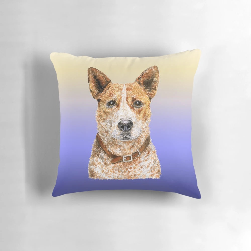 Colorful, high-quality pet portrait pillow featuring an Australian Cattle Dog