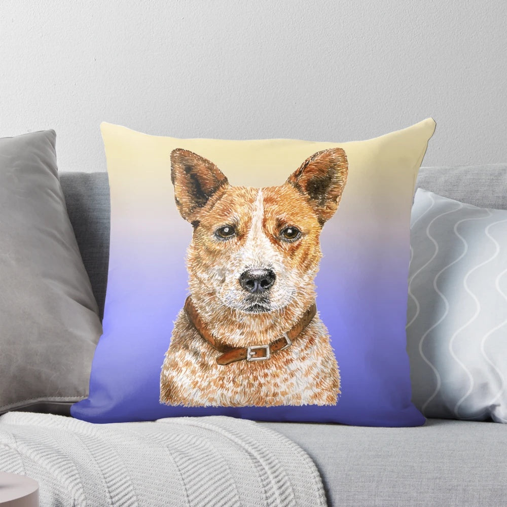 Colorful, high-quality pet portrait pillow featuring an Australian Cattle Dog