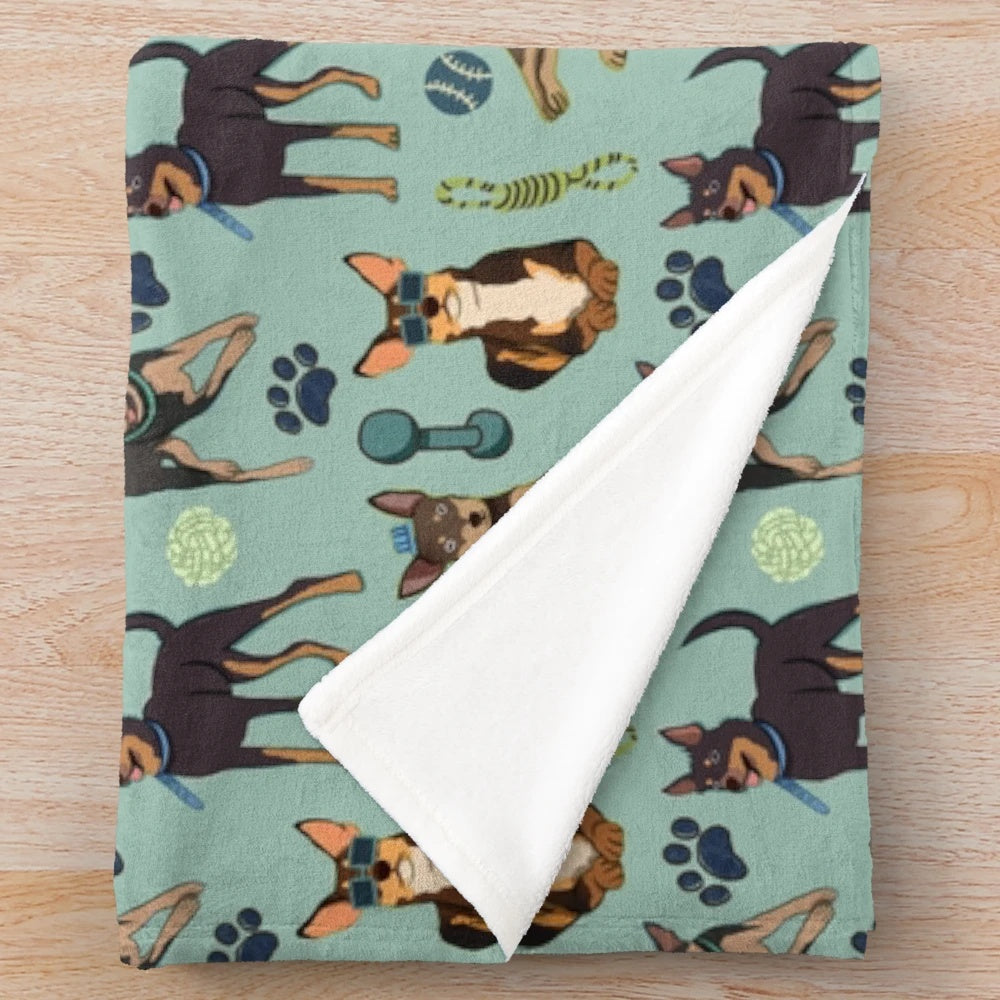 Cozy plush blanket featuring a cute Australian Kelpie dog illustration pattern
