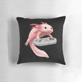 A soft, white axolotl plush pillow with the axolotl playing a video game.
