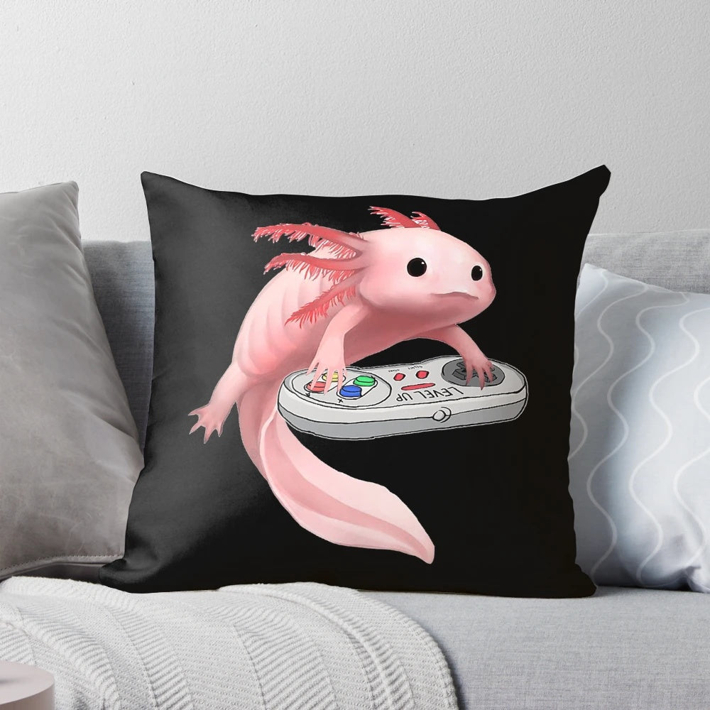 A soft, white axolotl plush pillow with the axolotl playing a video game.