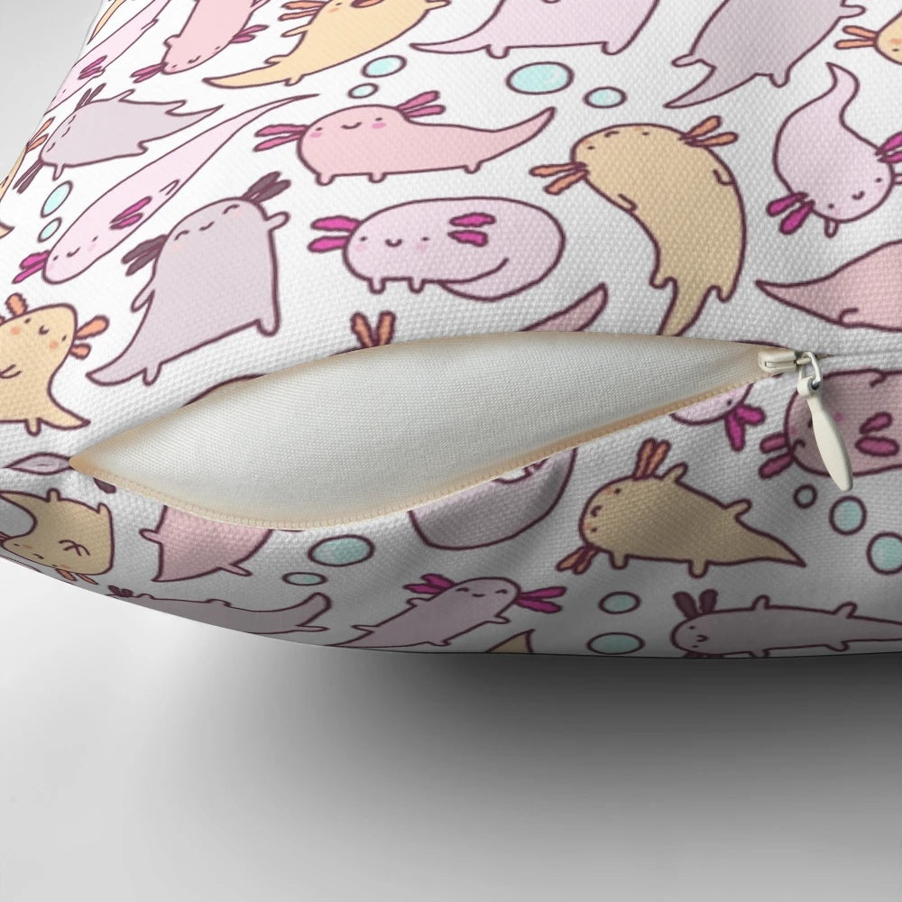 Soft, pink axolotl pillow with a cute, doodle-style design