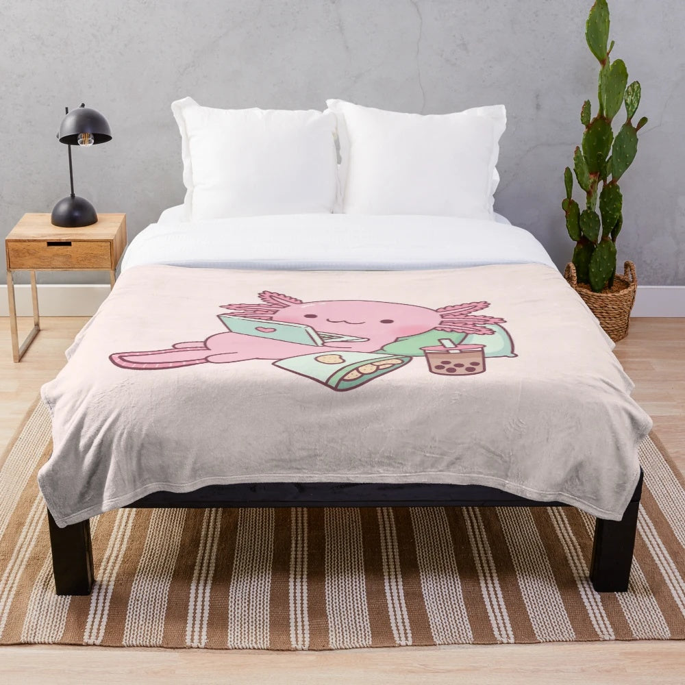 Cute axolotl plush blanket with bubble tea inspired design