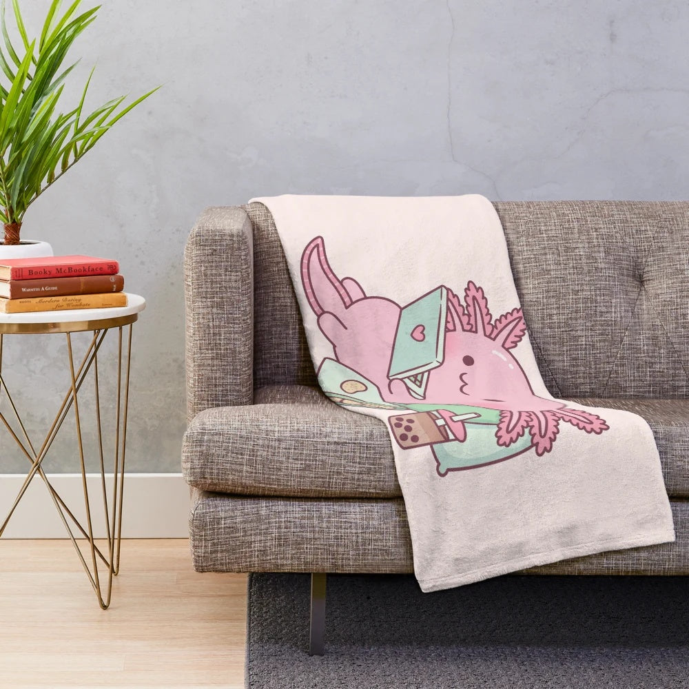 Cute axolotl plush blanket with bubble tea inspired design