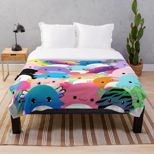 Colorful plush blanket featuring a family of cute axolotl creatures