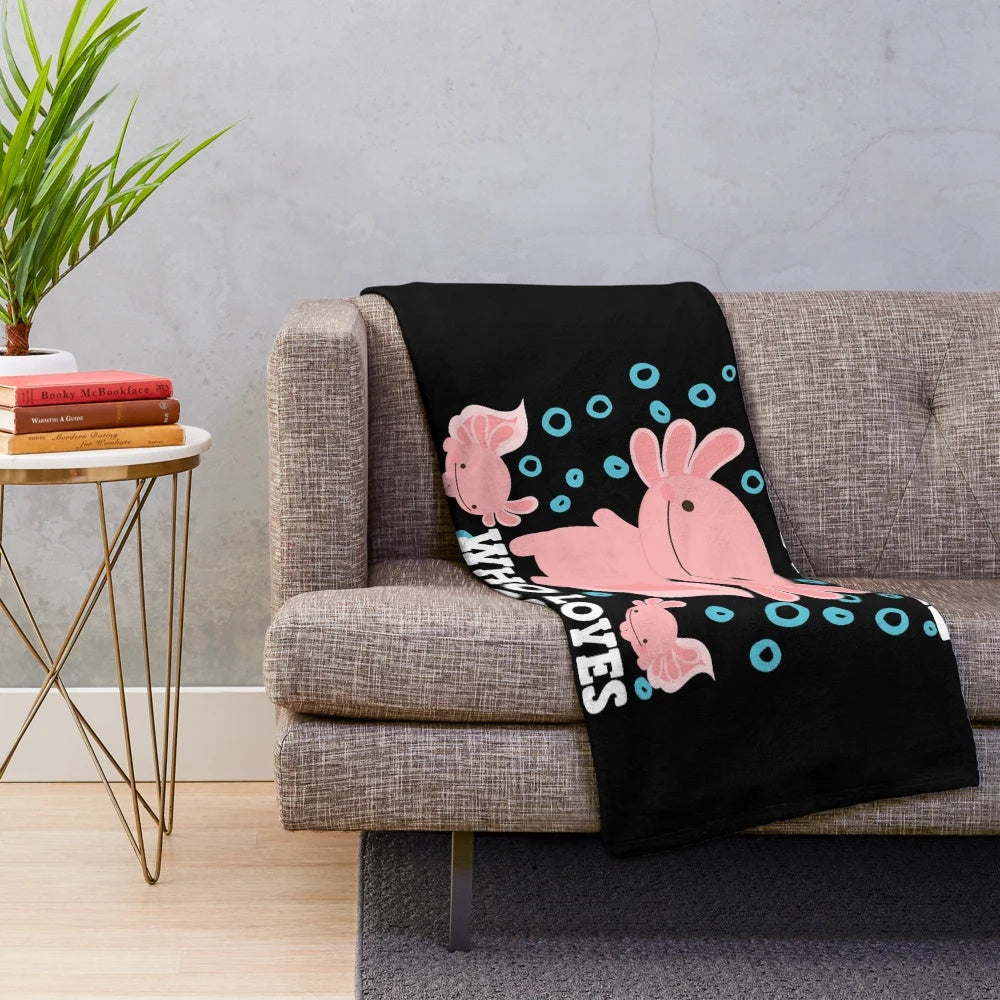 Cozy axolotl plush blanket featuring a cute and kawaii design