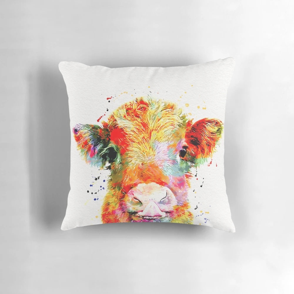 A vibrant watercolor painting of a cute baby cow, perfect for a nursery or child's room.