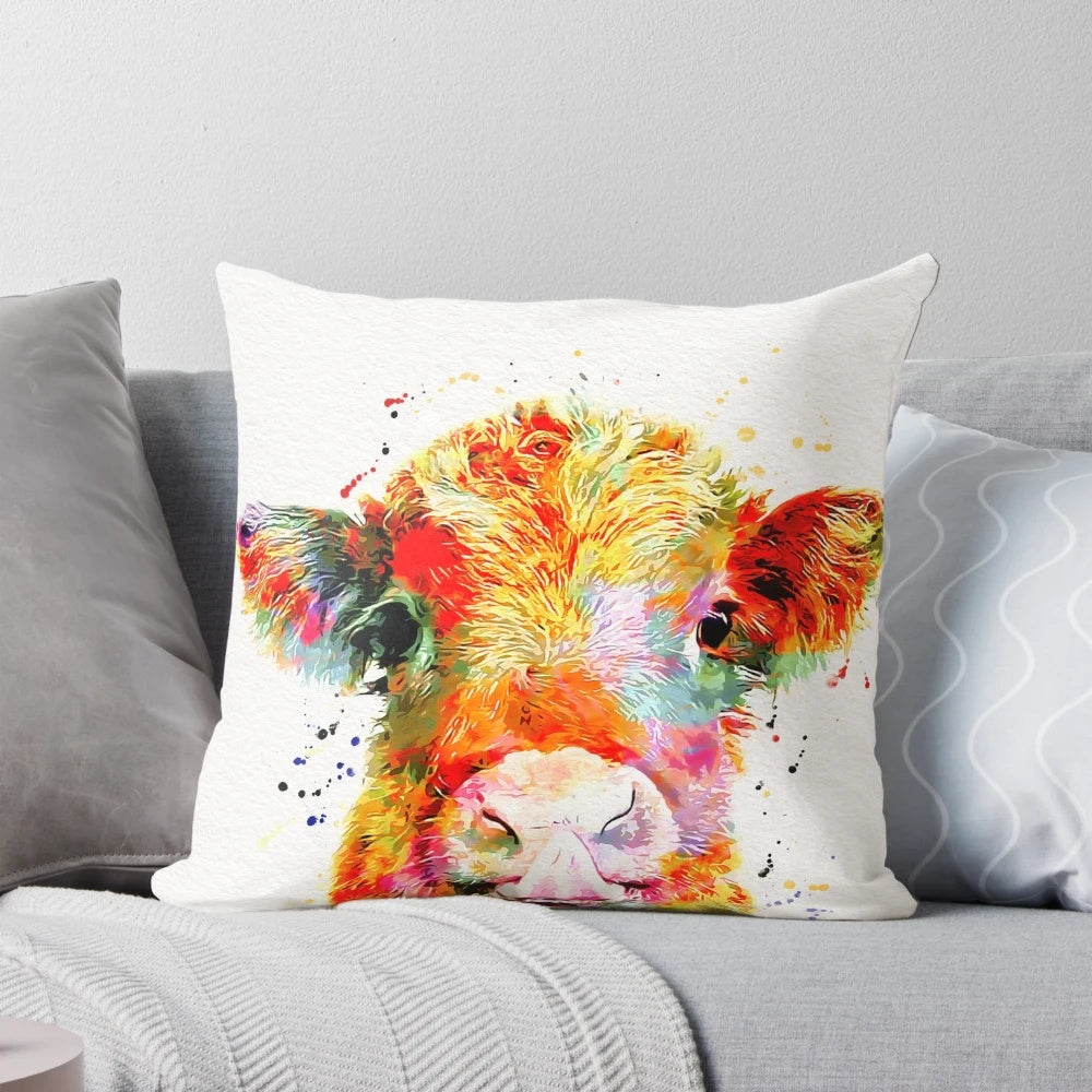 A vibrant watercolor painting of a cute baby cow, perfect for a nursery or child's room.