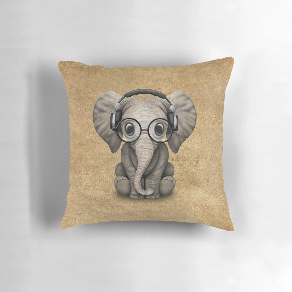 Cute illustration of a baby elephant wearing headphones and glasses, perfect for music lovers