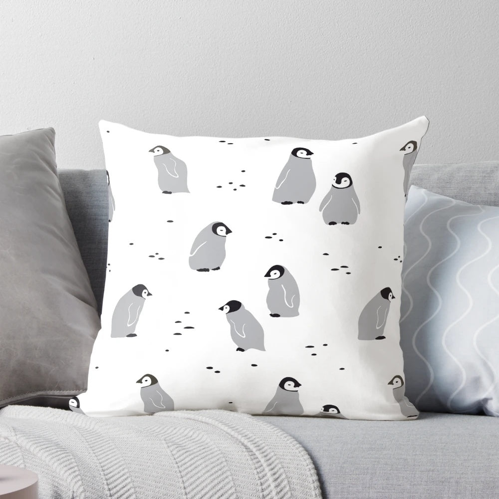 Soft, plush pillow featuring a cute, minimalist design of a baby emperor penguin chick