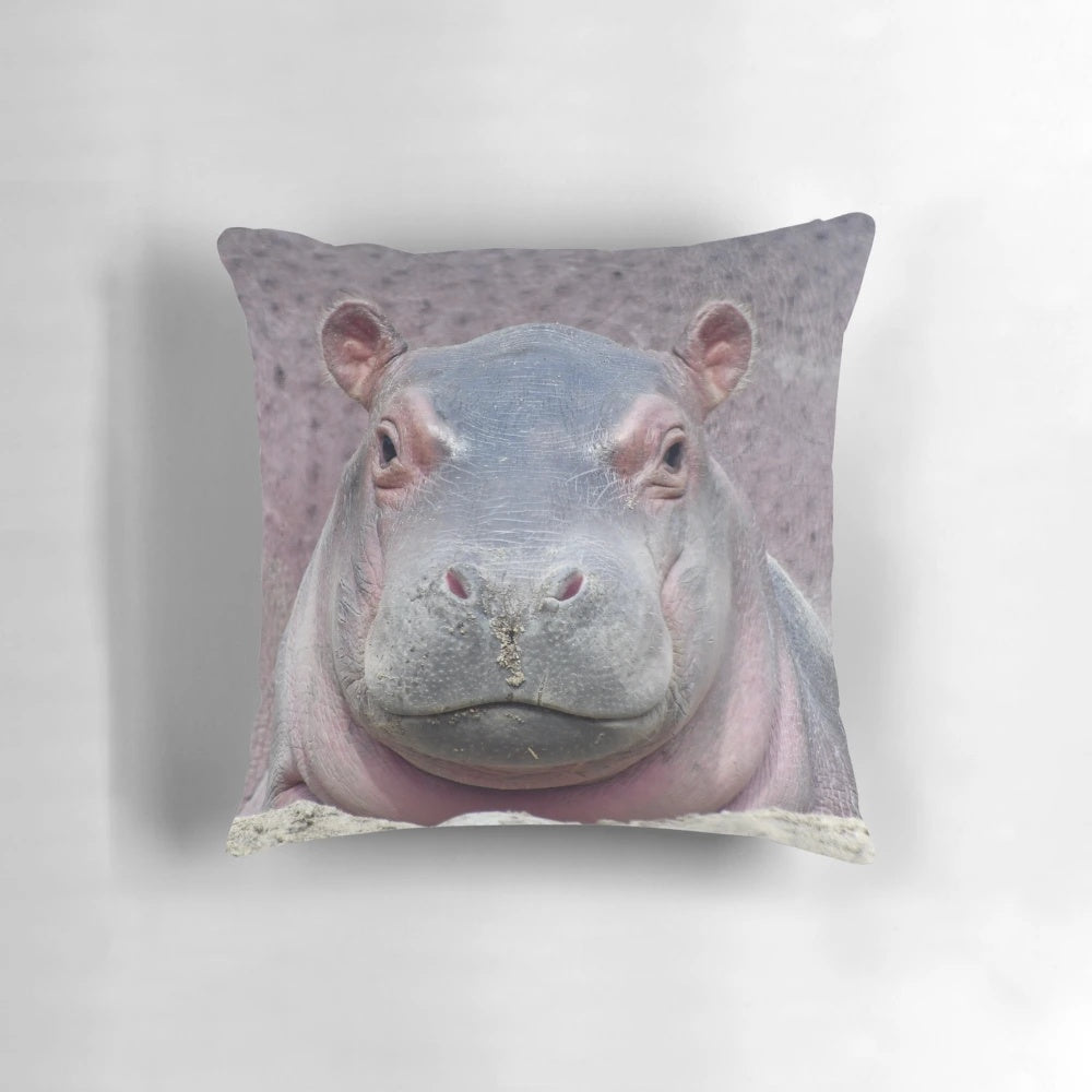 Soft, plush pillow featuring an image of baby hippo Fritz from the Cincinnati Zoo