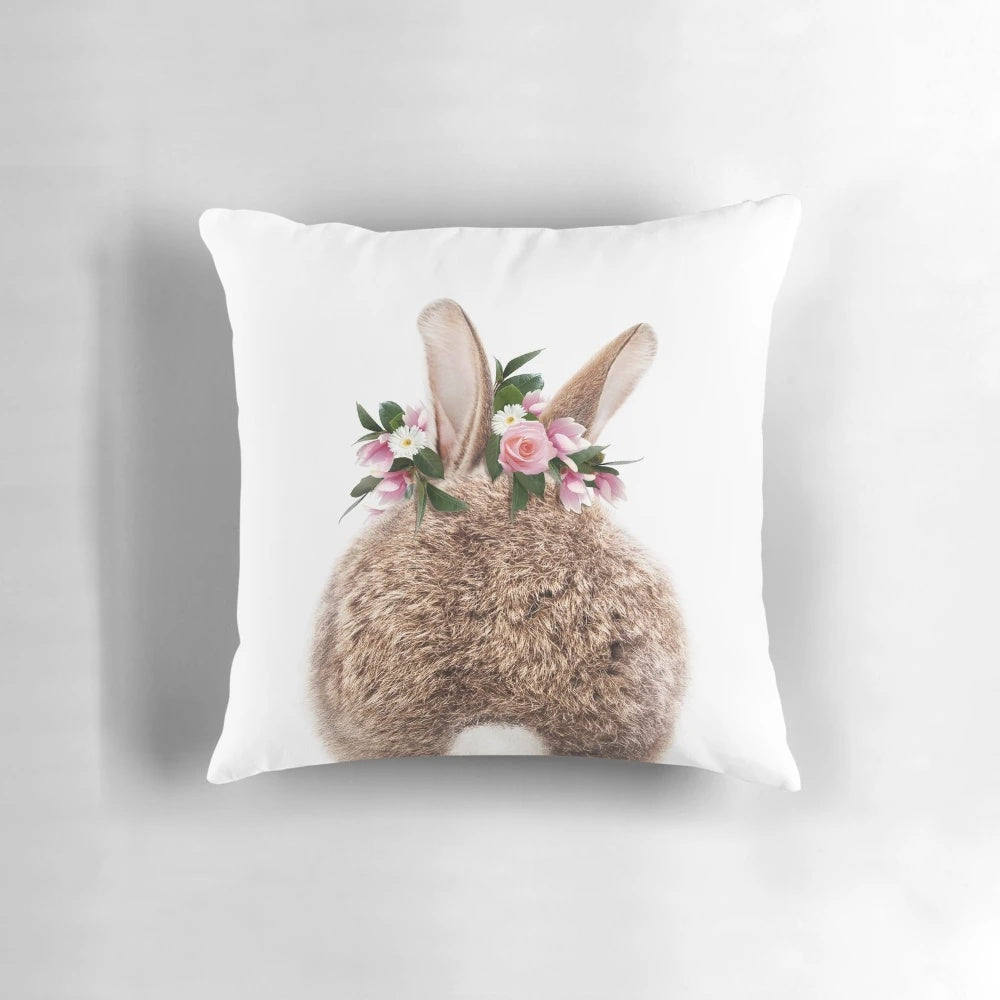 Precious baby rabbit with a flower crown, soft and fluffy bunny tail in a floral, woodland-inspired nursery art print