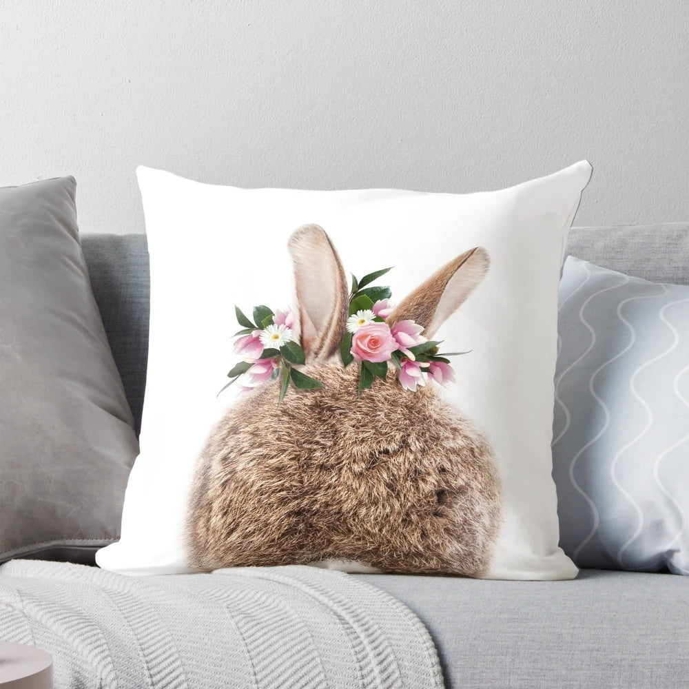 Precious baby rabbit with a flower crown, soft and fluffy bunny tail in a floral, woodland-inspired nursery art print