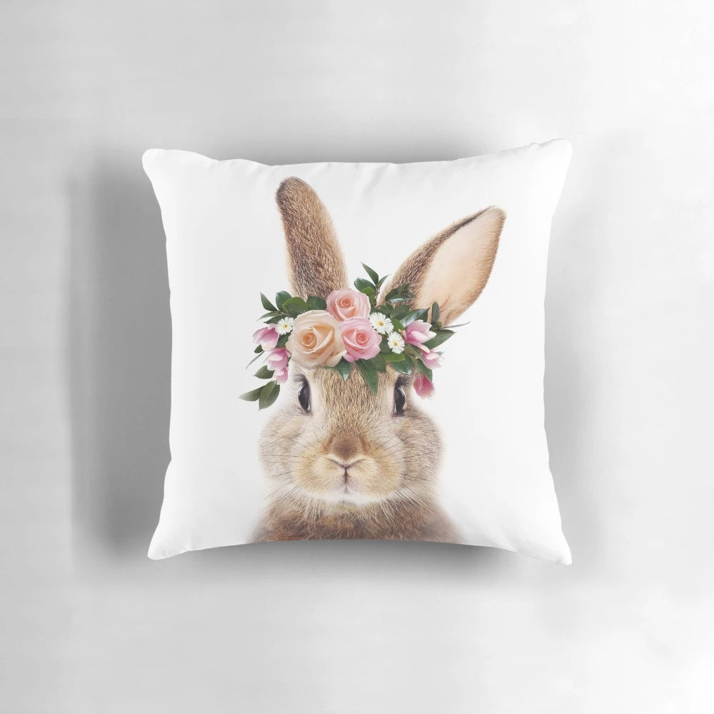 Cute baby rabbit wearing a floral crown in a woodland-themed nursery wall art print