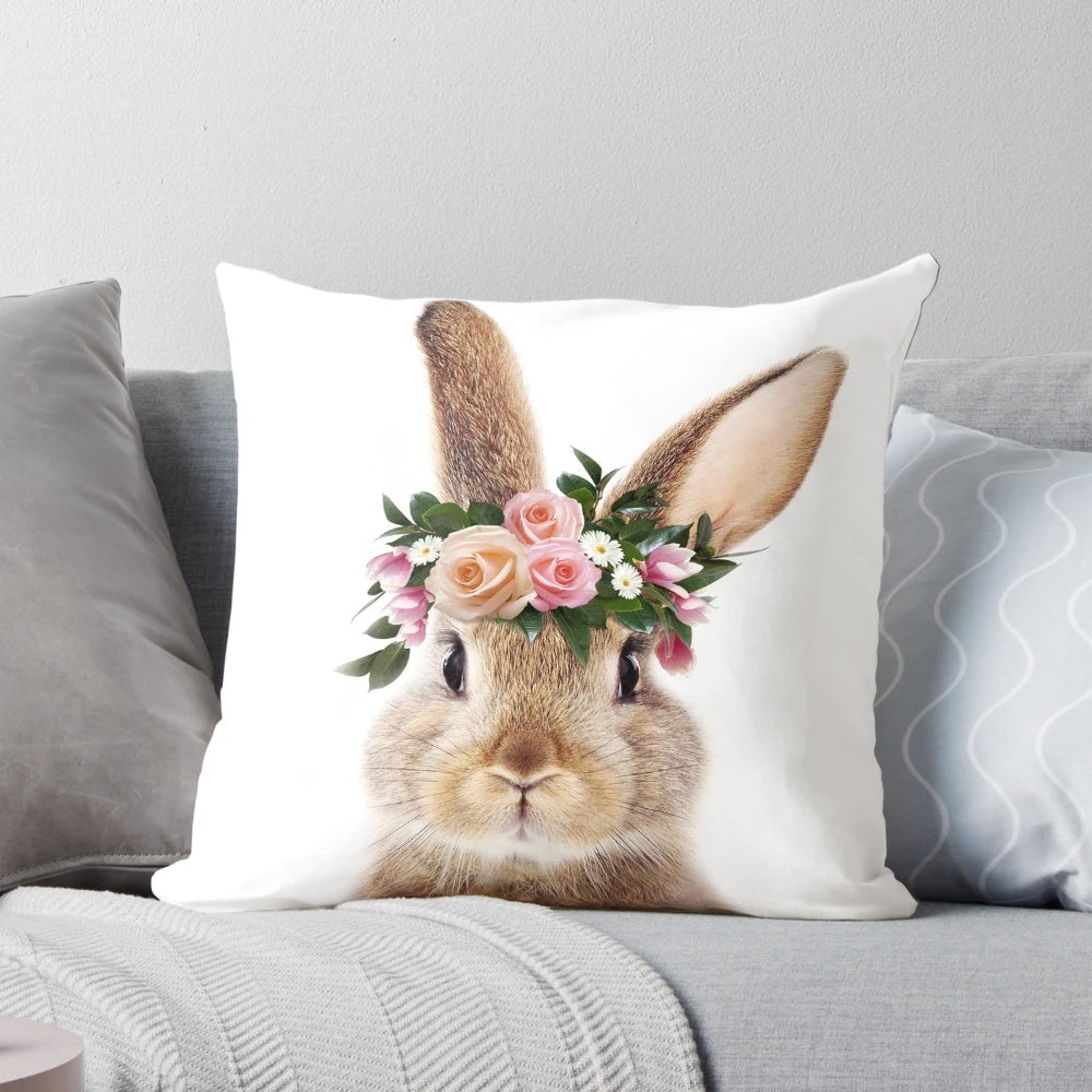 Cute baby rabbit wearing a floral crown in a woodland-themed nursery wall art print