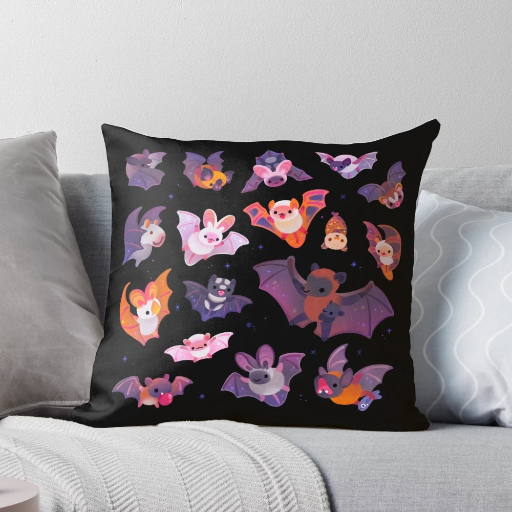 Dark-colored bat-themed decorative pillow for spooky home decor
