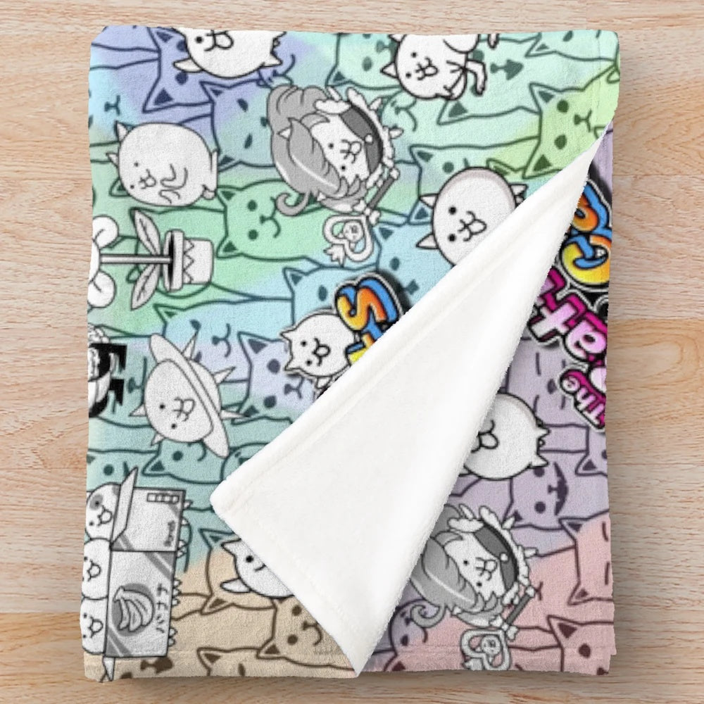 Battle Cats-themed plush blanket with cute kittens