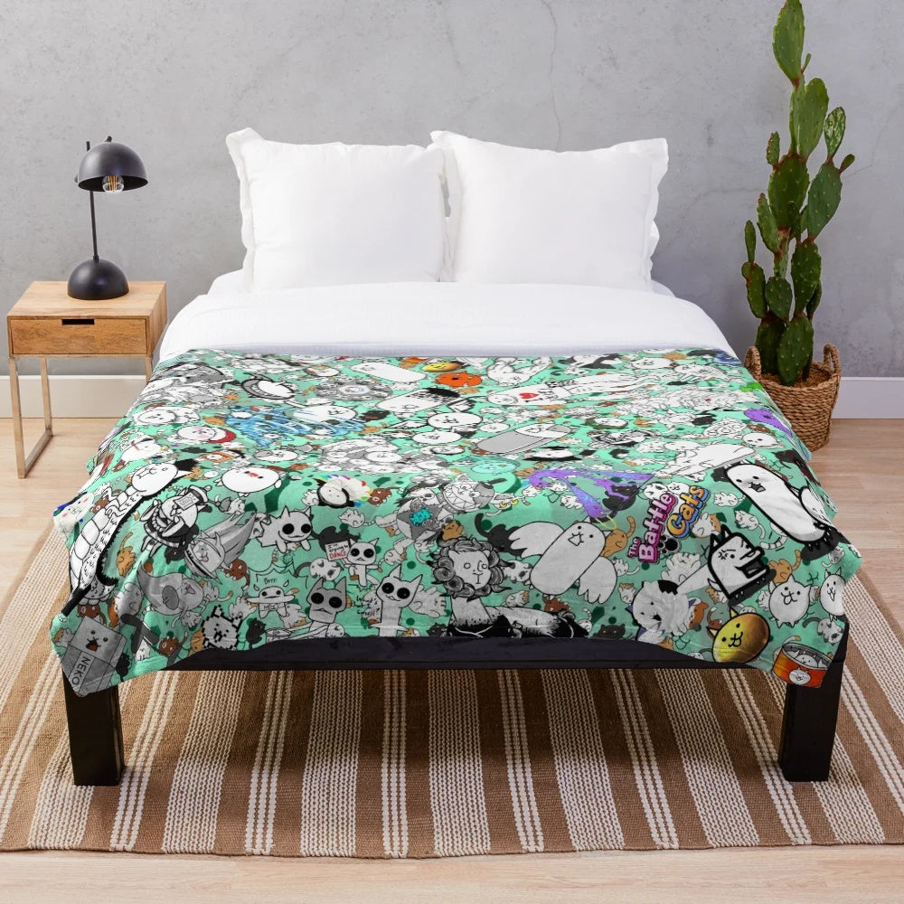Battle Cats inspired plush blanket featuring cute cat characters