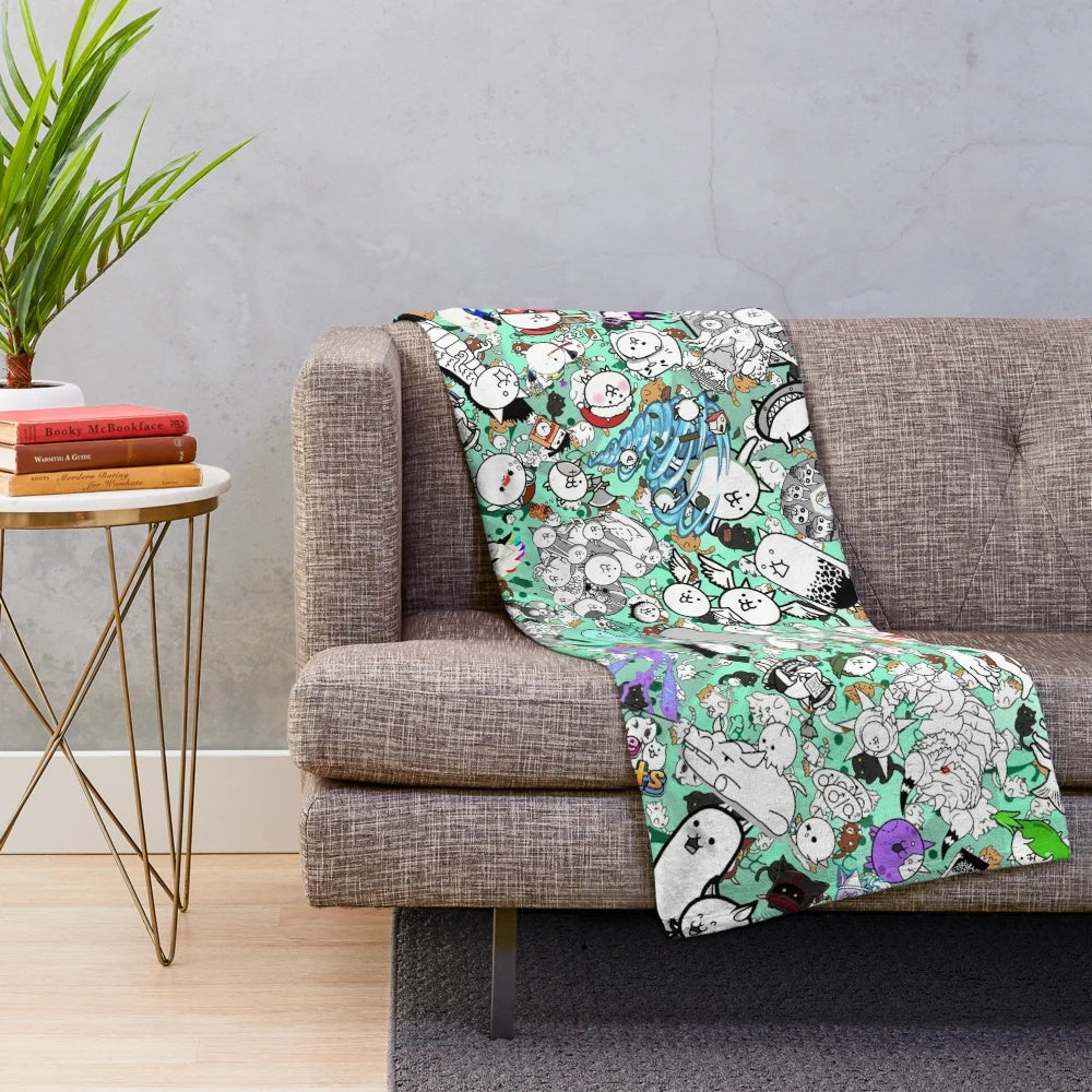 Battle Cats inspired plush blanket featuring cute cat characters