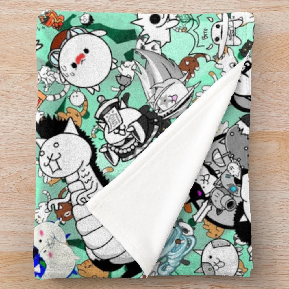 Battle Cats inspired plush blanket featuring cute cat characters