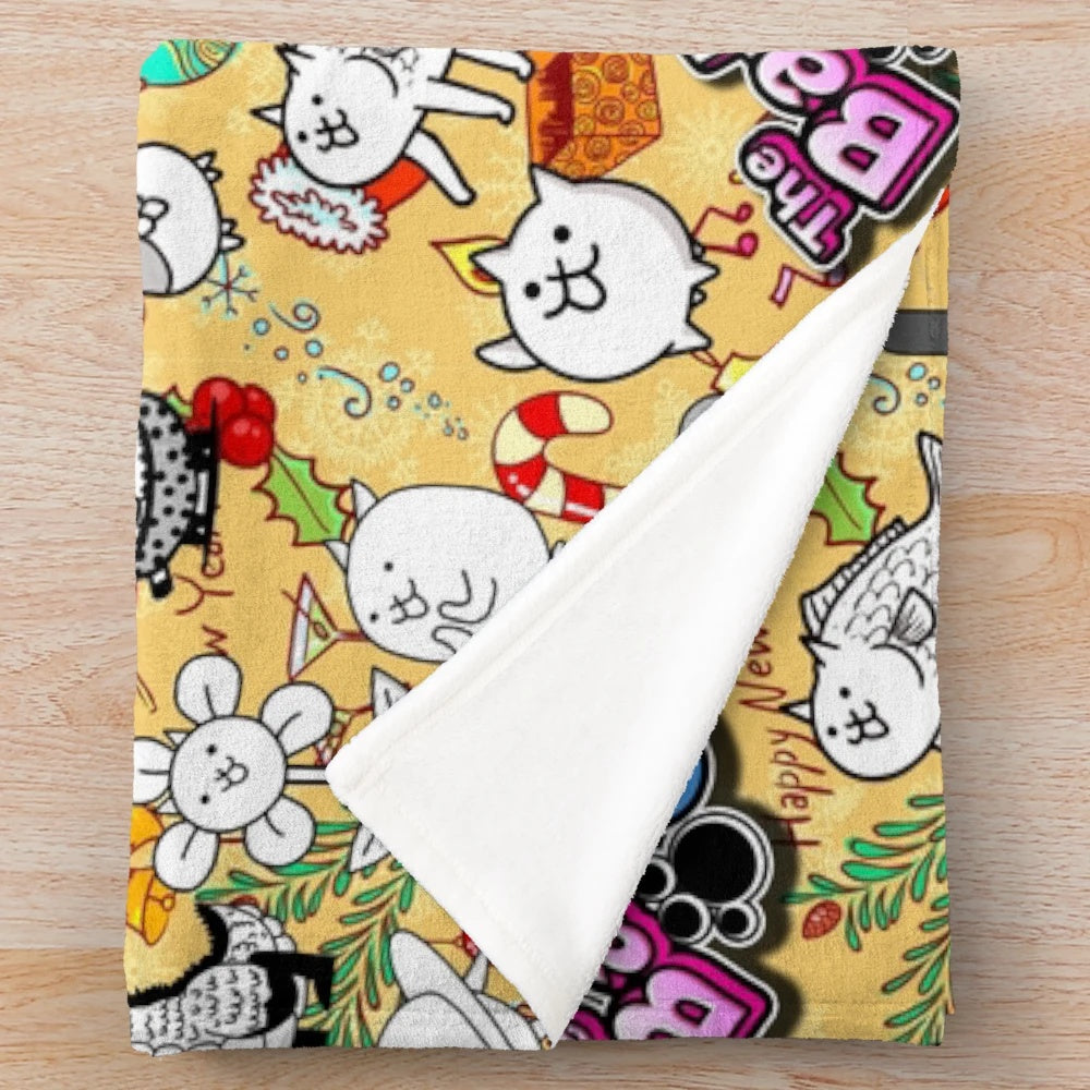 Soft and cuddly Battle Cats inspired plush blanket with cute cat design