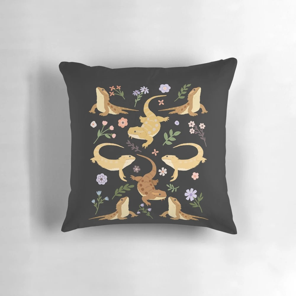 Soft, plush pillow featuring a bearded dragon lizard surrounded by beautiful floral patterns