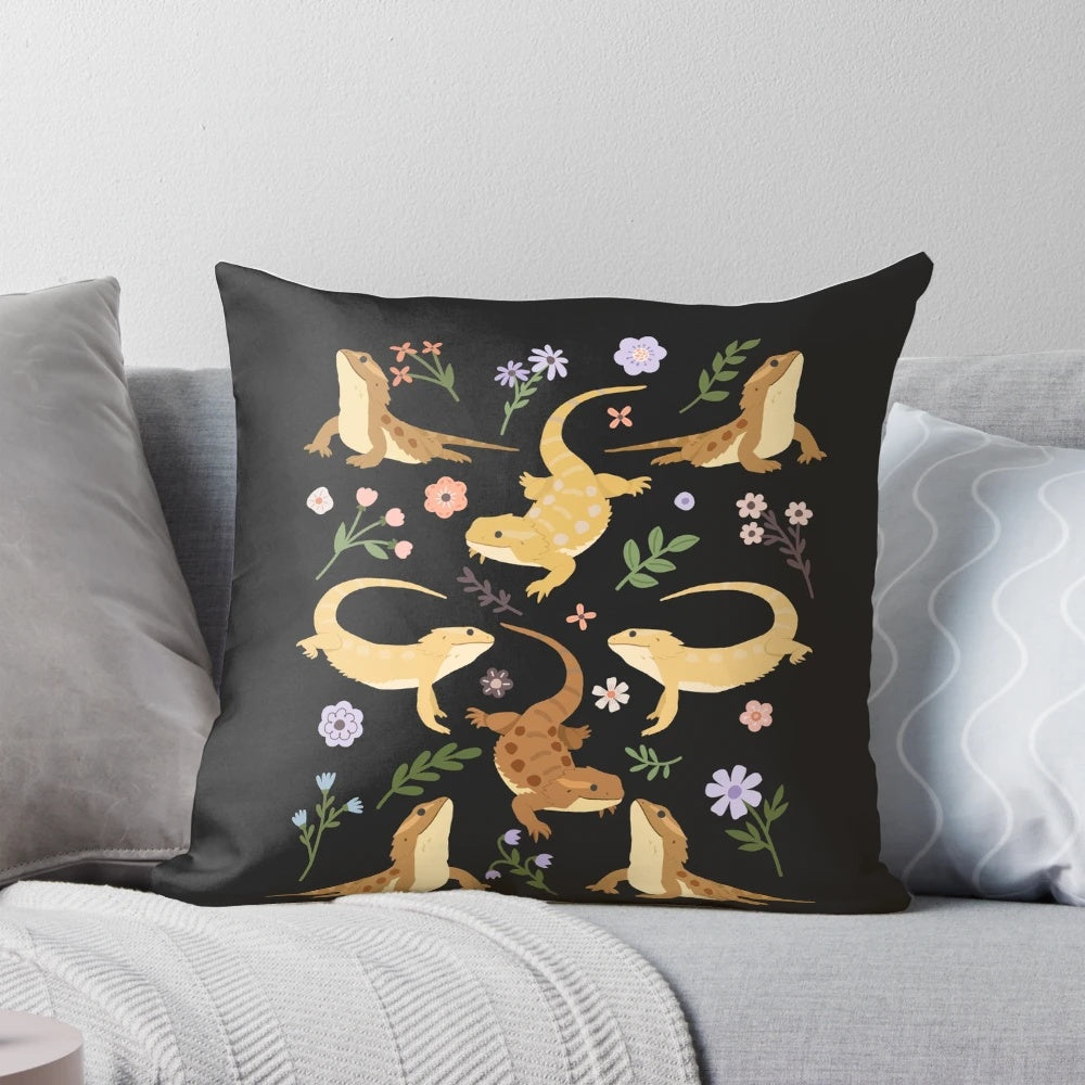 Soft, plush pillow featuring a bearded dragon lizard surrounded by beautiful floral patterns
