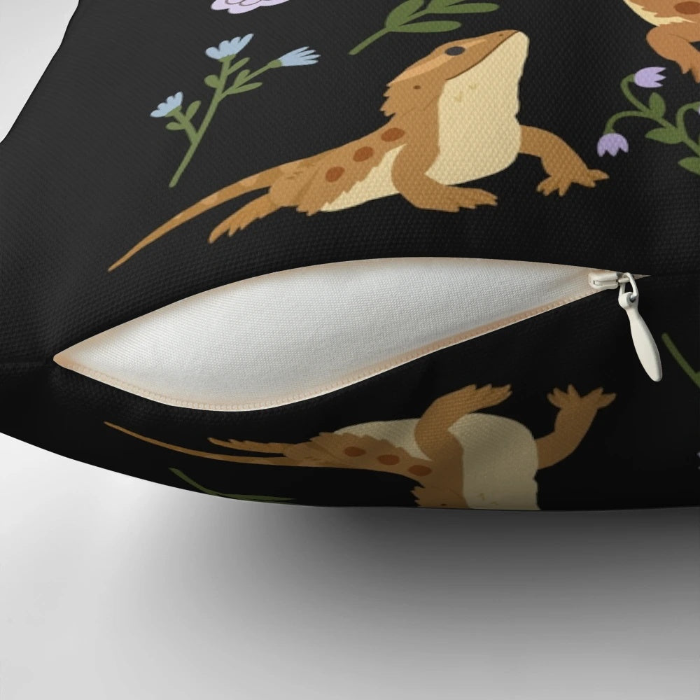 Soft, plush pillow featuring a bearded dragon lizard surrounded by beautiful floral patterns